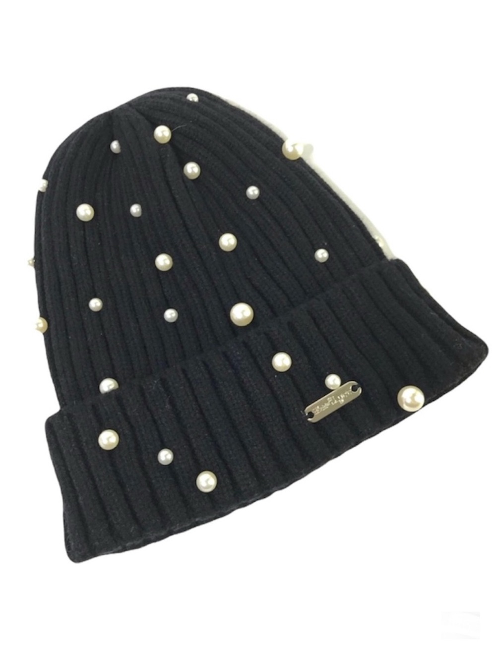 BARI LYNN Black Knit Beanie NEW Knit Hat With Faux Pearls